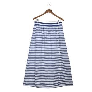 J Jill Love Linen Maxi Skirt sz M Blue White Seaside Stripe Pull On Button Front